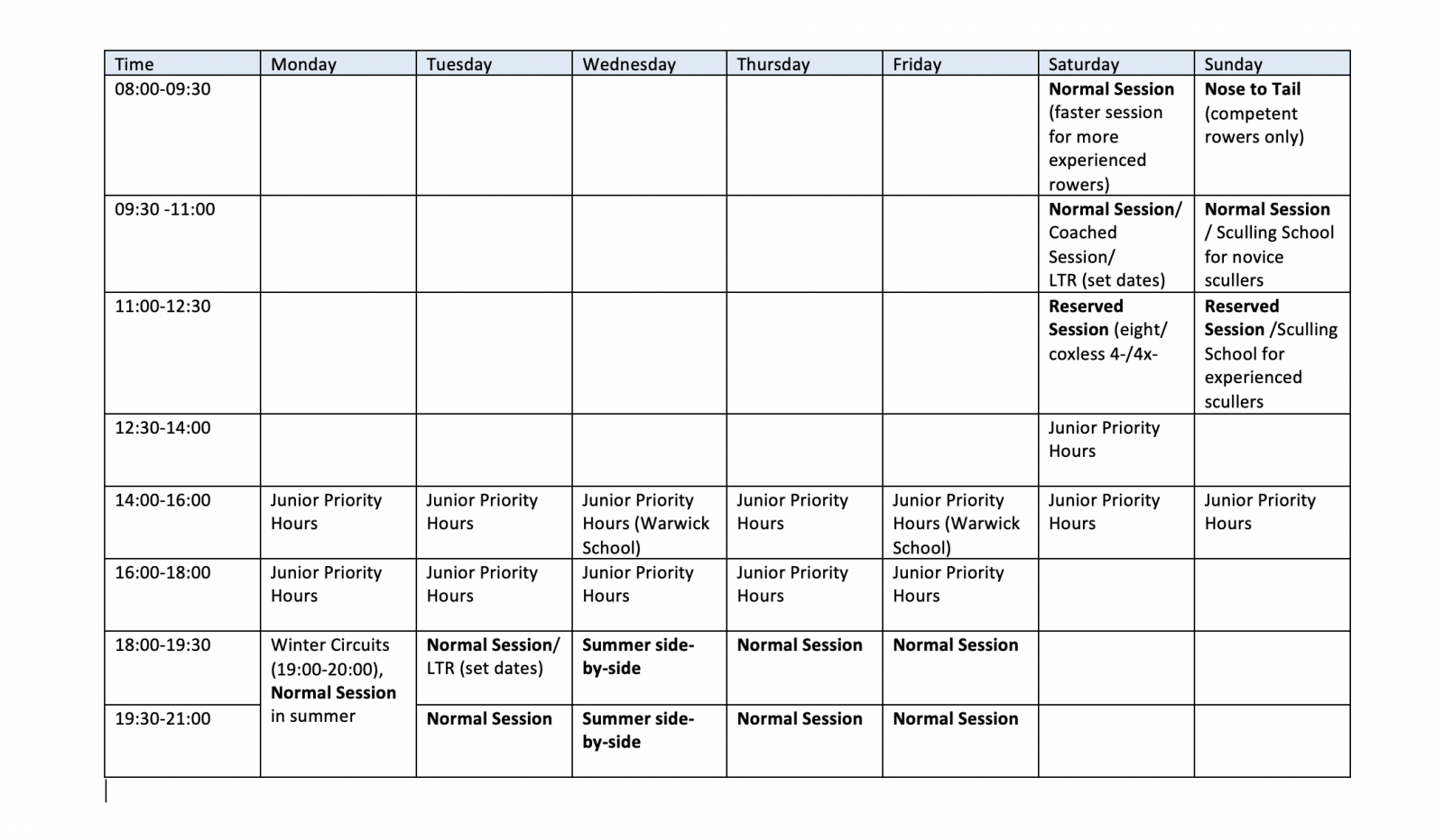 Weekly Rowing sessions at Warwick Boat Club